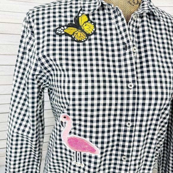 H&M Sequin Appliqué Gingham Check Button Front Shirt Black White Size 2 - Picture 6 of 15